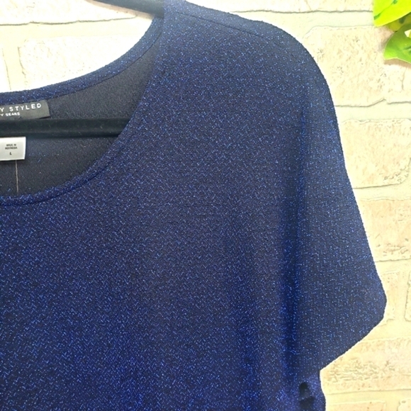 SIMPY STYLED Metallic Short Sleeve Blouse Blue Size L - Picture 9 of 10